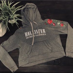 Hollister Gray Hoodie w/ Rose embroidery on sleeve
